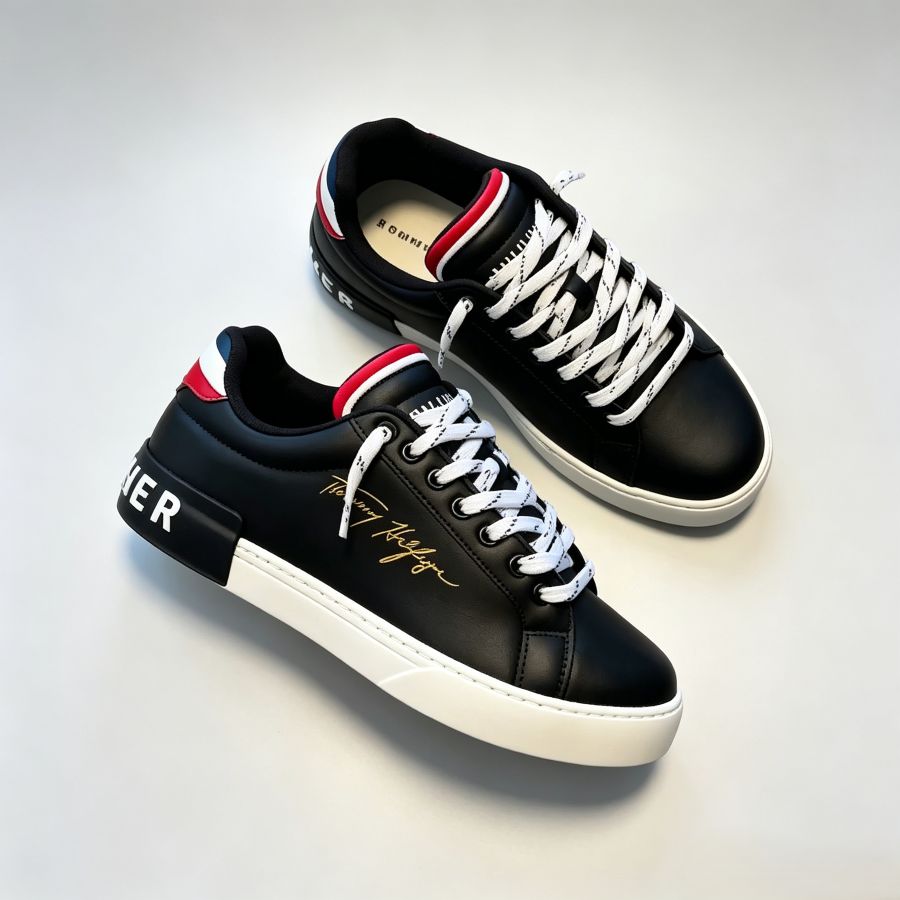 Men's Black Color-Blocked Leather Street Sneakers
