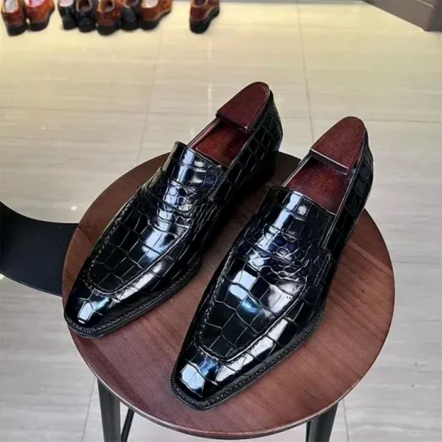 Black Genuine Crocodile Leather Square-Toe Loafers