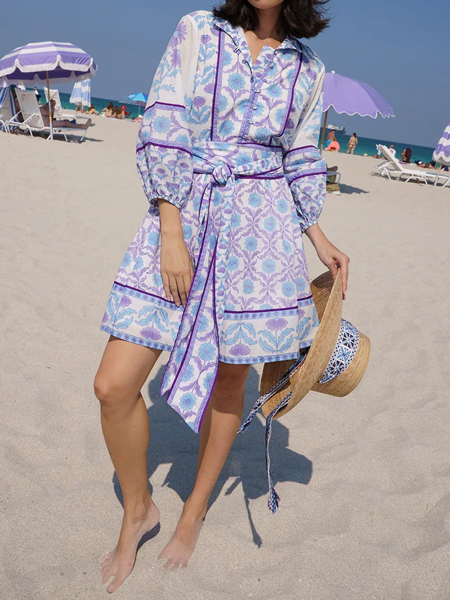 Placement Print Long Sleeve Belted Mini Dress