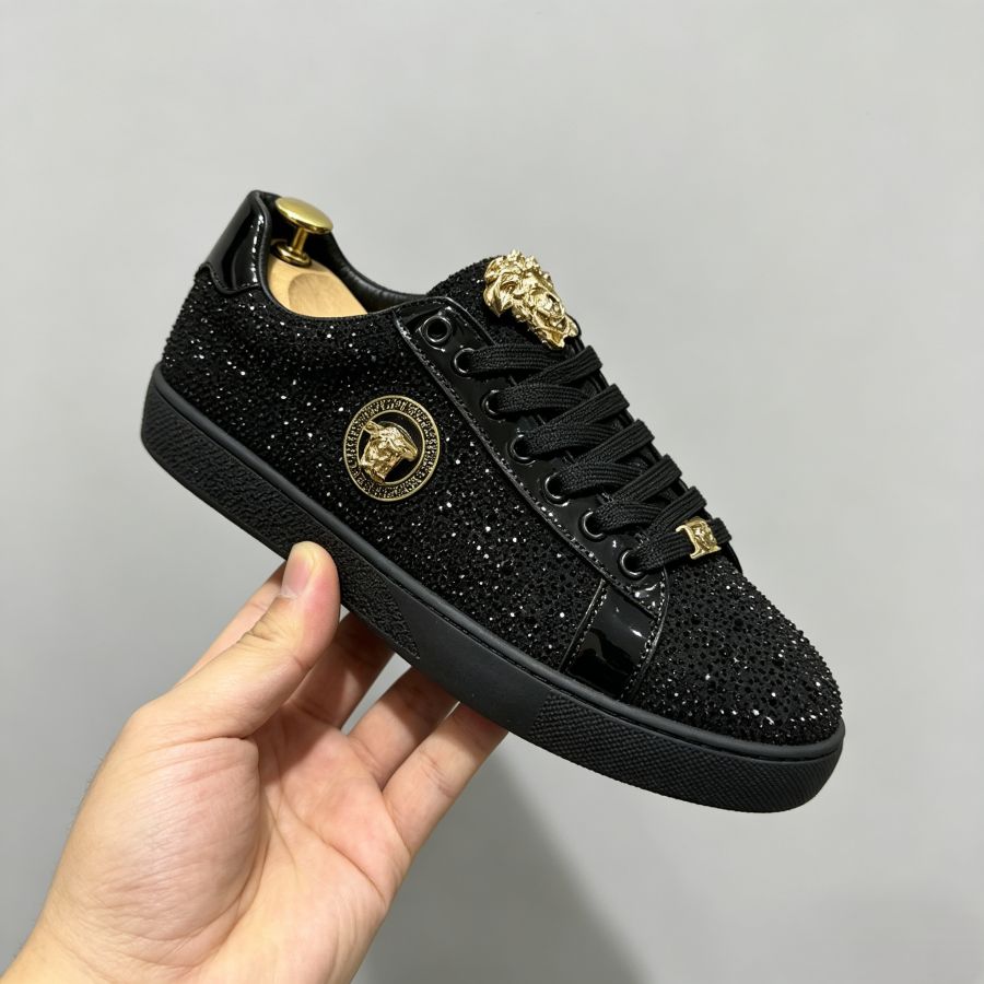 Medusa Crystal-Embellished Black Sneakers