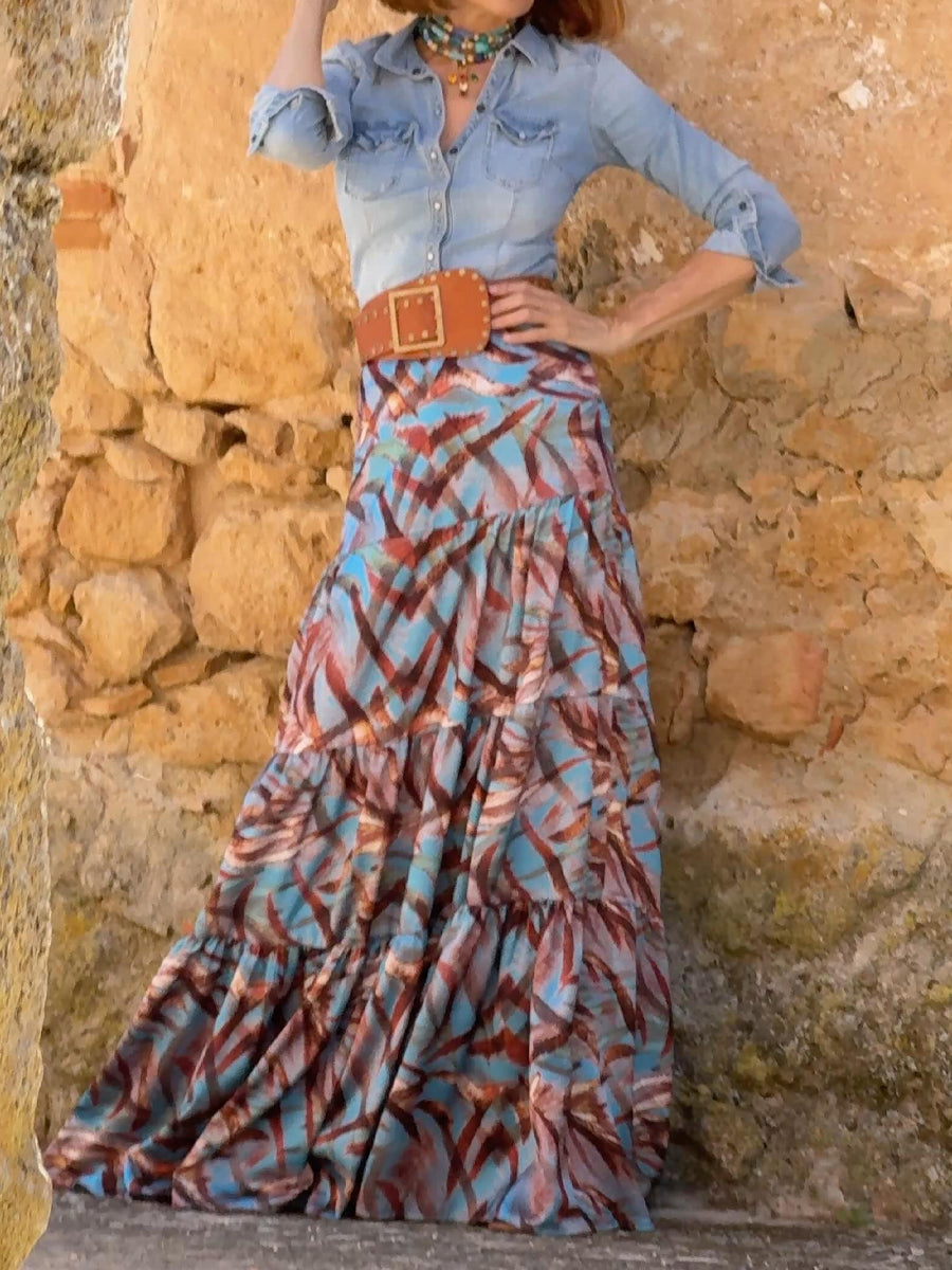 Denim Shirt & High Waist Printed Skirt