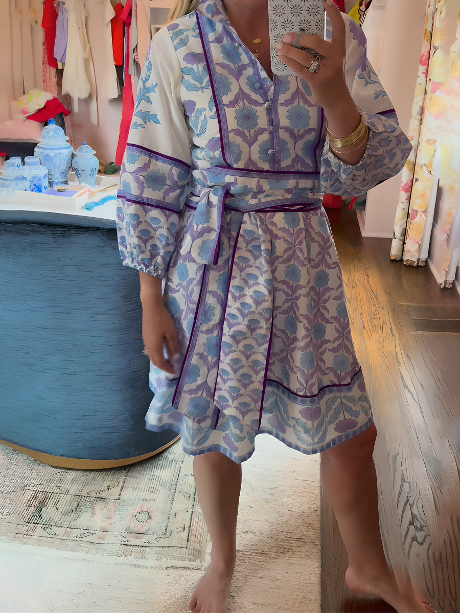 Placement Print Long Sleeve Belted Mini Dress