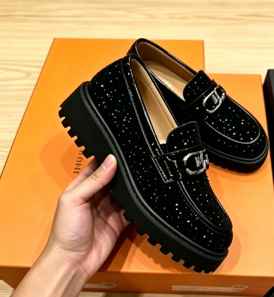 Black Glitter Platform Loafers with Silver Buckle