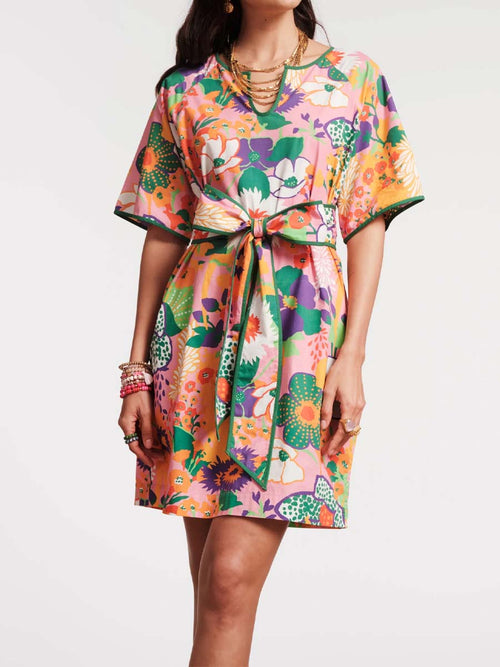 Bell Sleeve Printed Split Neck Dress