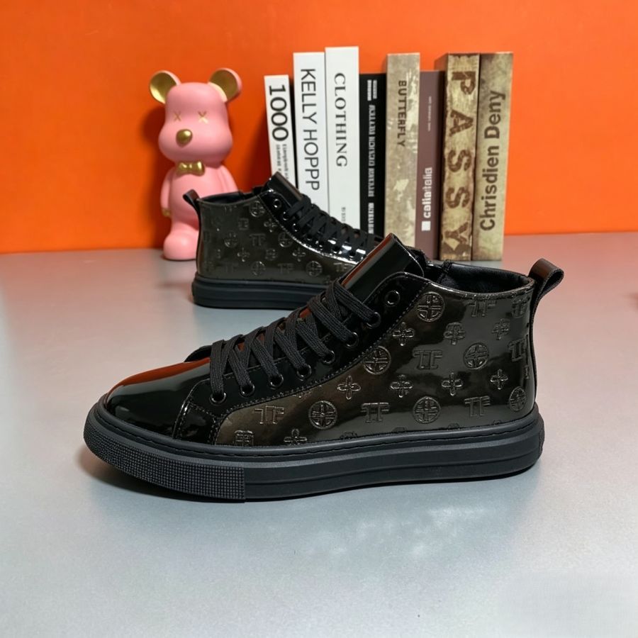 Men's Black Patent Leather Monogram High Top Sneakers