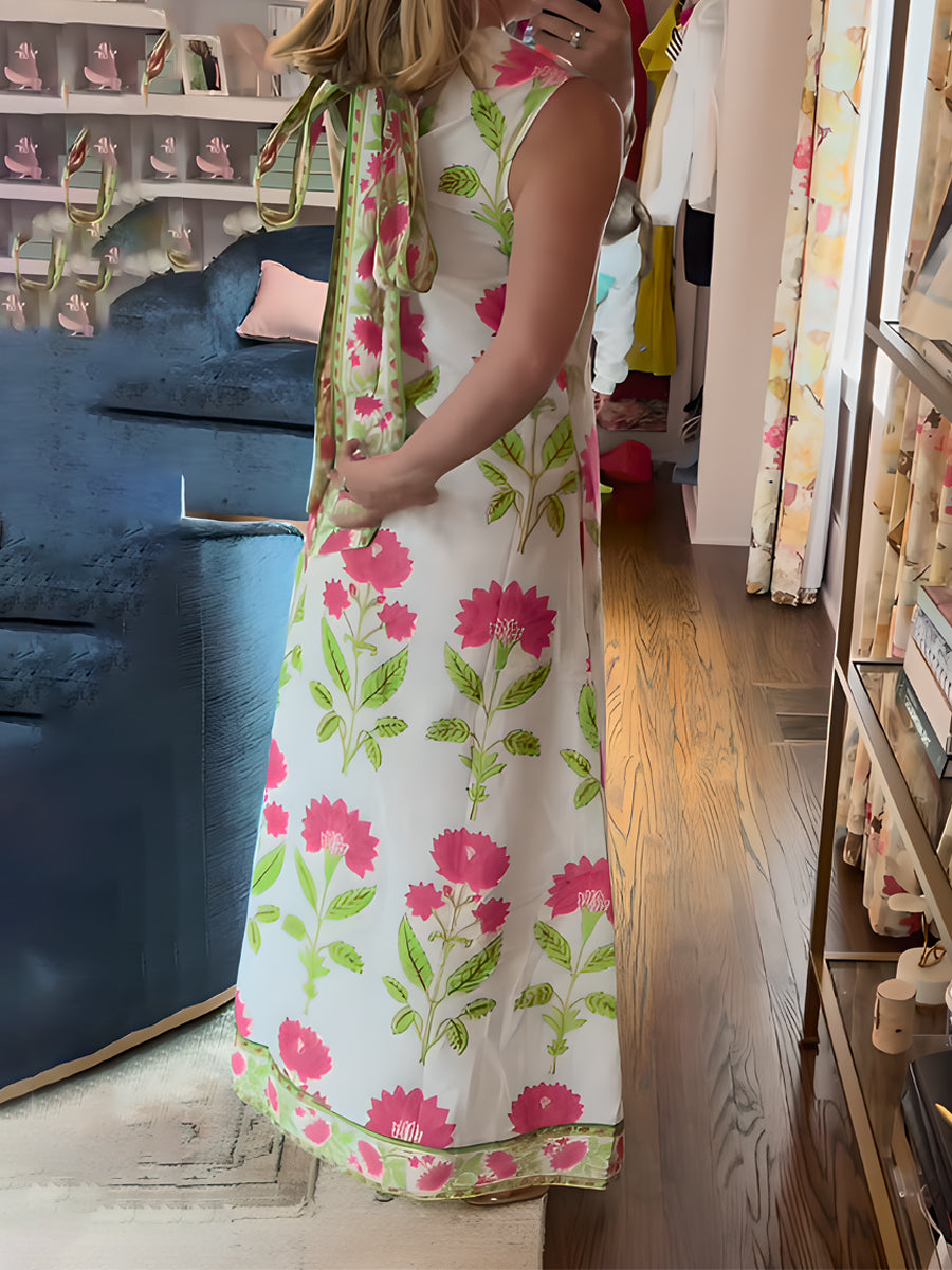 Floral Print Sleeveless Lace-up Maxi Dress