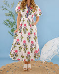 Pink Flower Print Puff Sleeve Midi Dress