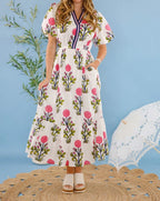 Pink Flower Print Puff Sleeve Midi Dress