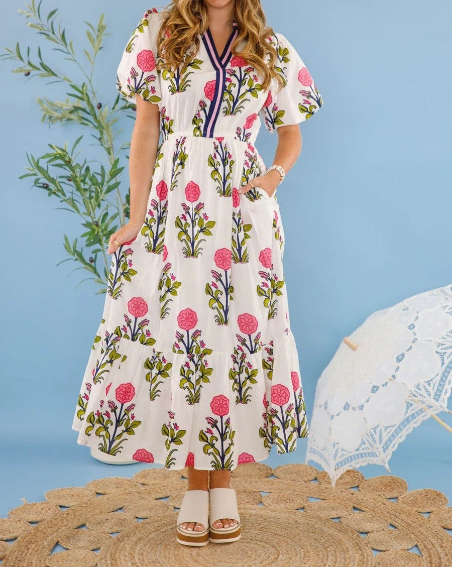 Pink Flower Print Puff Sleeve Midi Dress