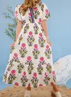 Pink Flower Print Puff Sleeve Midi Dress