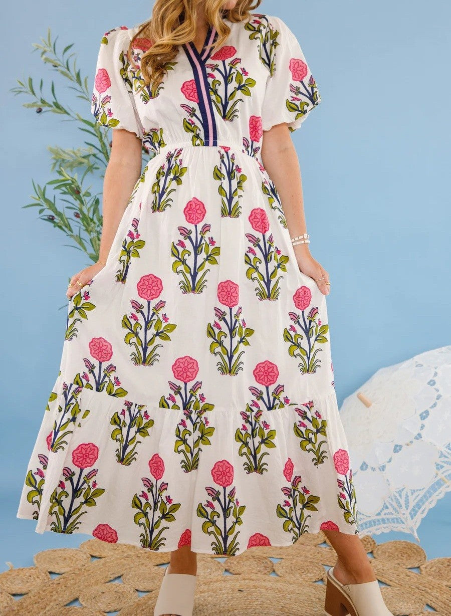 Pink Flower Print Puff Sleeve Midi Dress