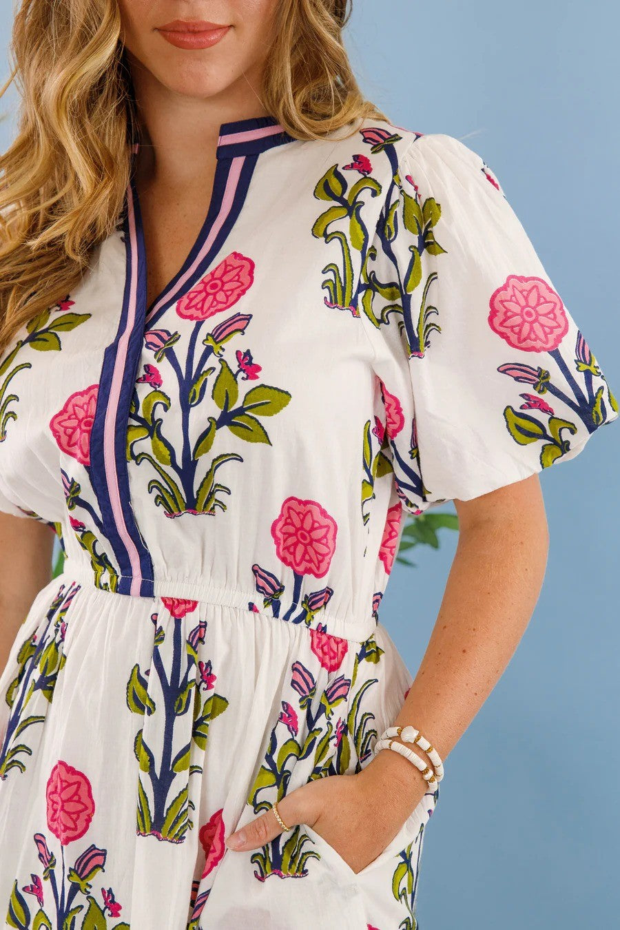 Pink Flower Print Puff Sleeve Midi Dress
