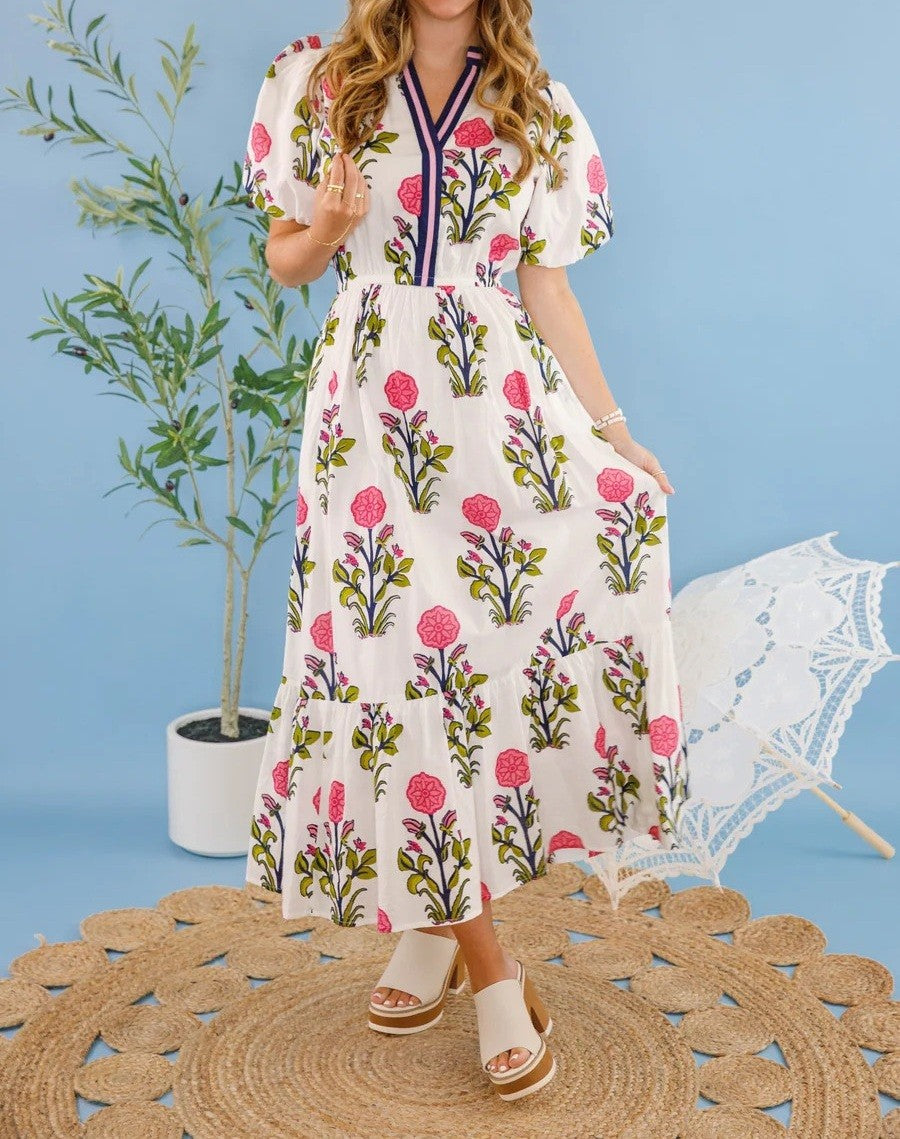 Pink Flower Print Puff Sleeve Midi Dress