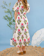 Pink Flower Print Puff Sleeve Midi Dress
