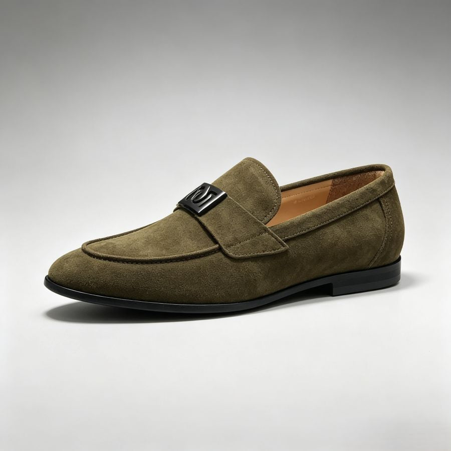Men's Olive Green Suede Slip-On Loafers With Metal Buckle