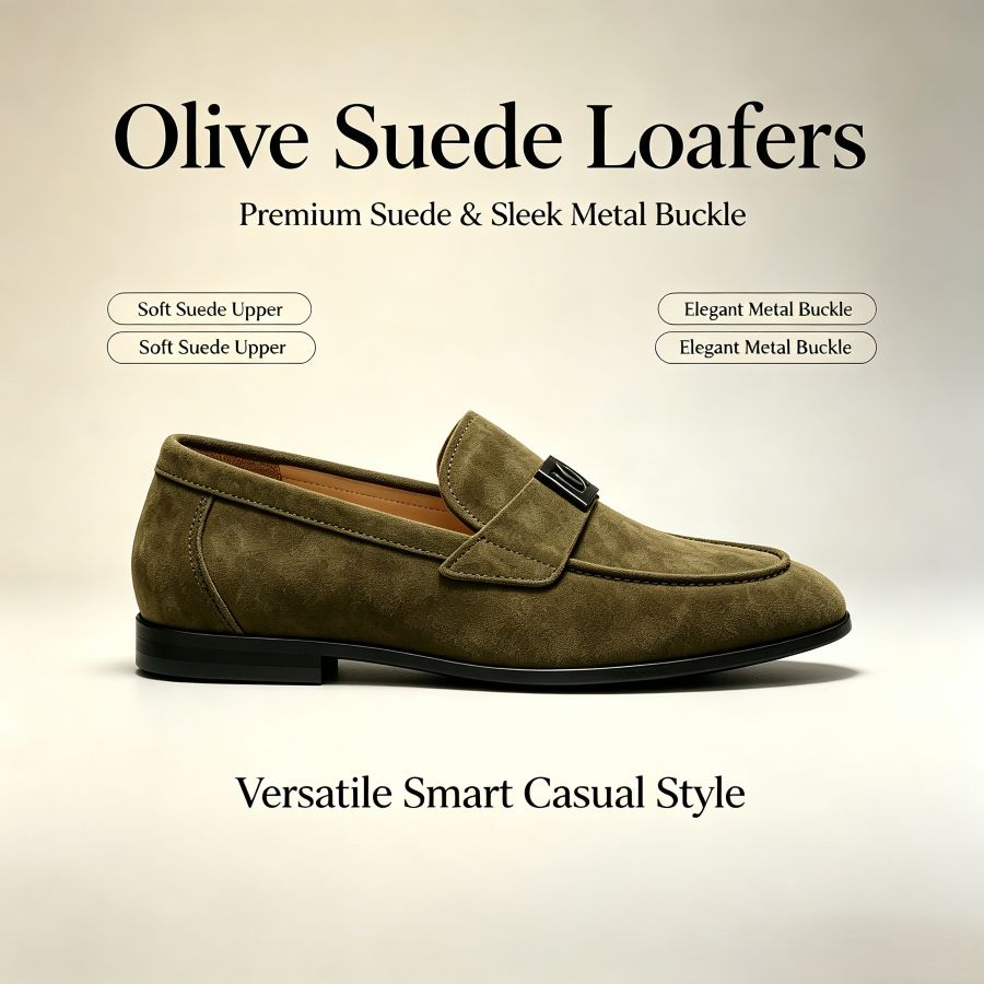 Men's Olive Green Suede Slip-On Loafers With Metal Buckle