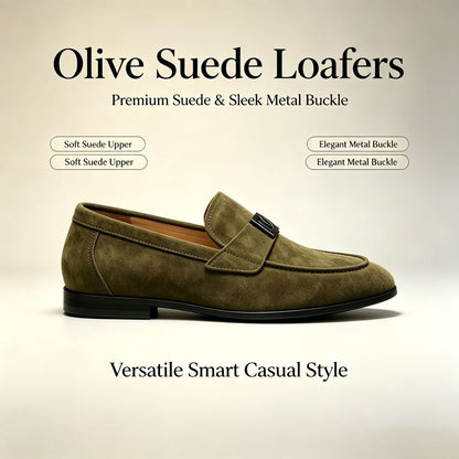 Men's Olive Green Suede Slip-On Loafers With Metal Buckle