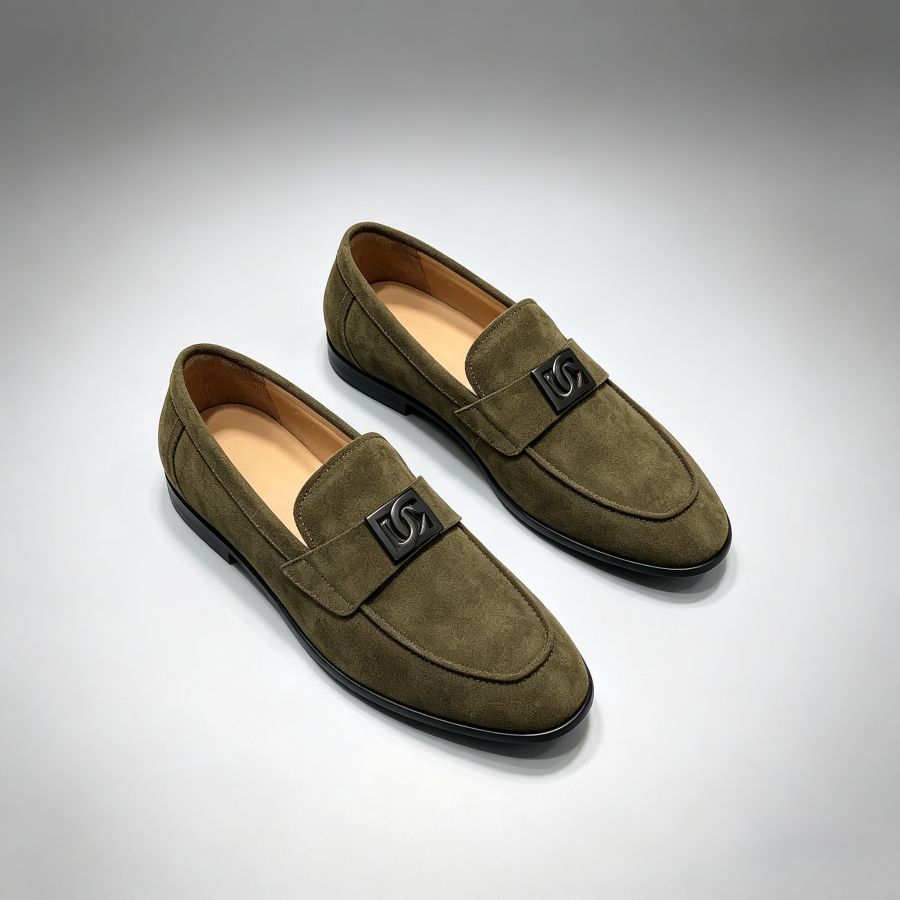 Men's Olive Green Suede Slip-On Loafers With Metal Buckle