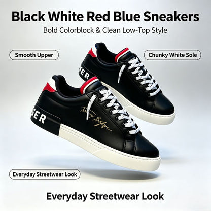 Men's Black Color-Blocked Leather Street Sneakers