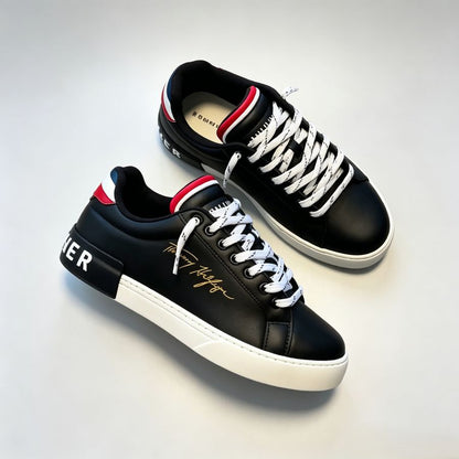 Men's Black Color-Blocked Leather Street Sneakers