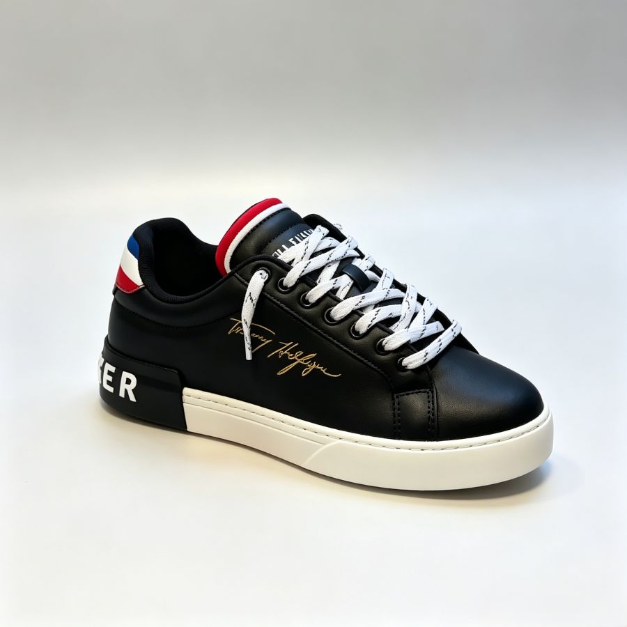 Men's Black Color-Blocked Leather Street Sneakers