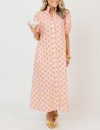 Blush Peach Ornamental Puff Sleeve Maxi Dress