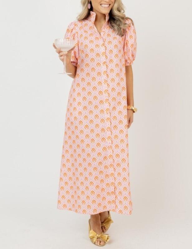 Blush Peach Ornamental Puff Sleeve Maxi Dress