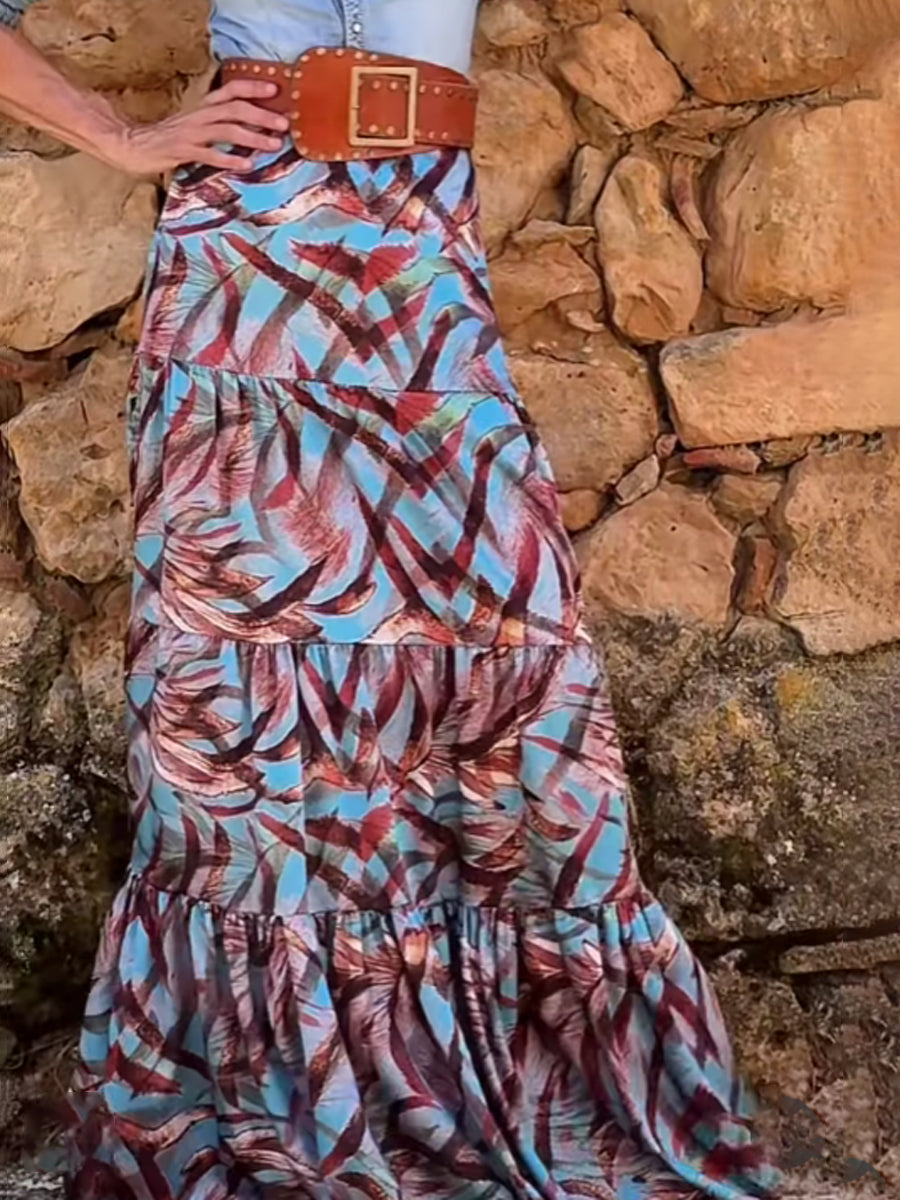 Denim Shirt & High Waist Printed Skirt