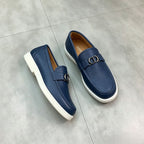Luxury Navy Pebble Grain Leather Loafers With CD Metal Buckle