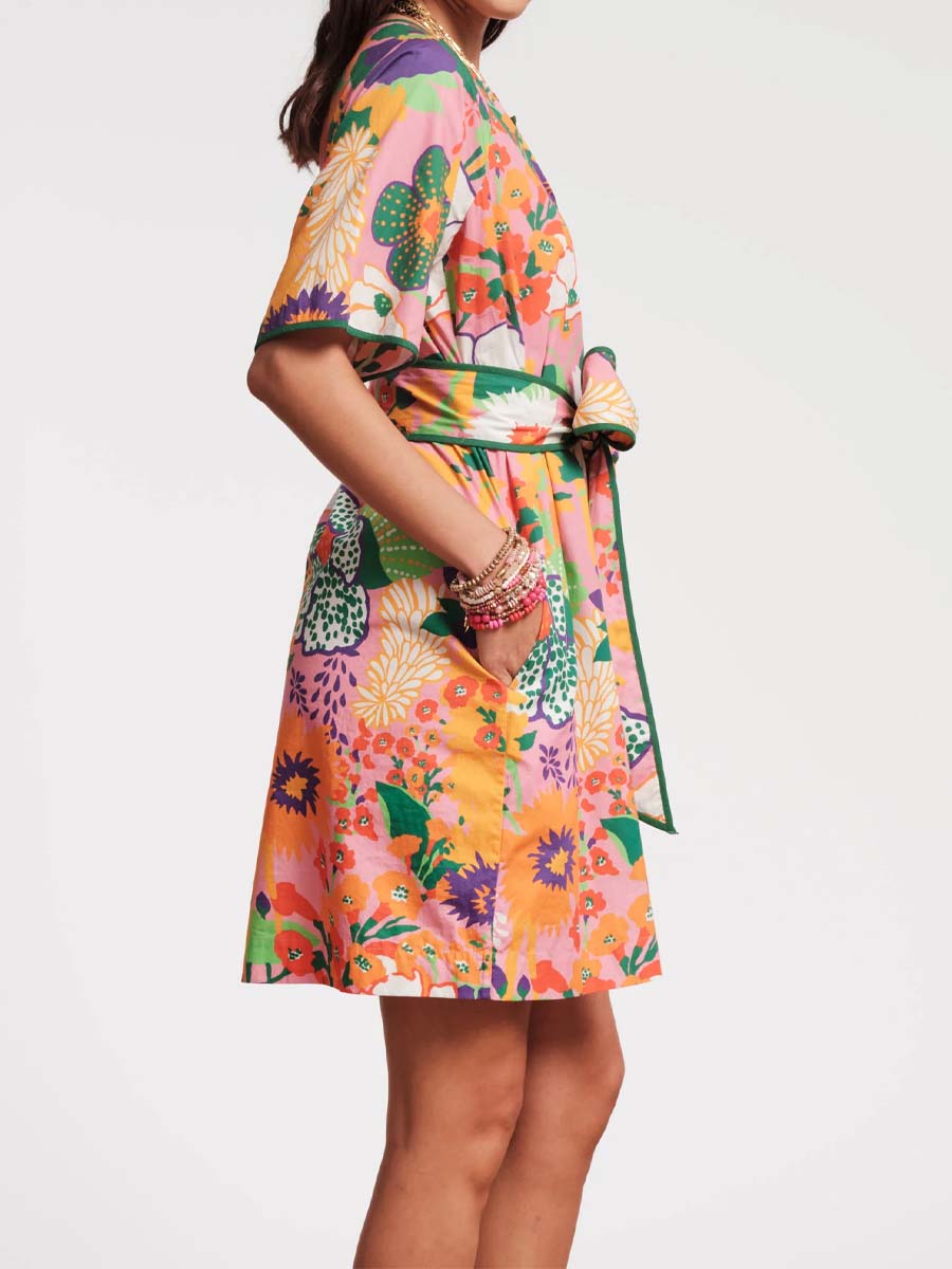 Bell Sleeve Printed Split Neck Dress
