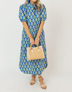 Blue Puff Sleeve Floral Cotton Shirt Dress