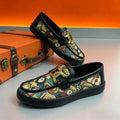 Vintage Bear Print Casual Loafers with Gold Buckle