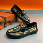 Vintage Bear Print Casual Loafers with Gold Buckle