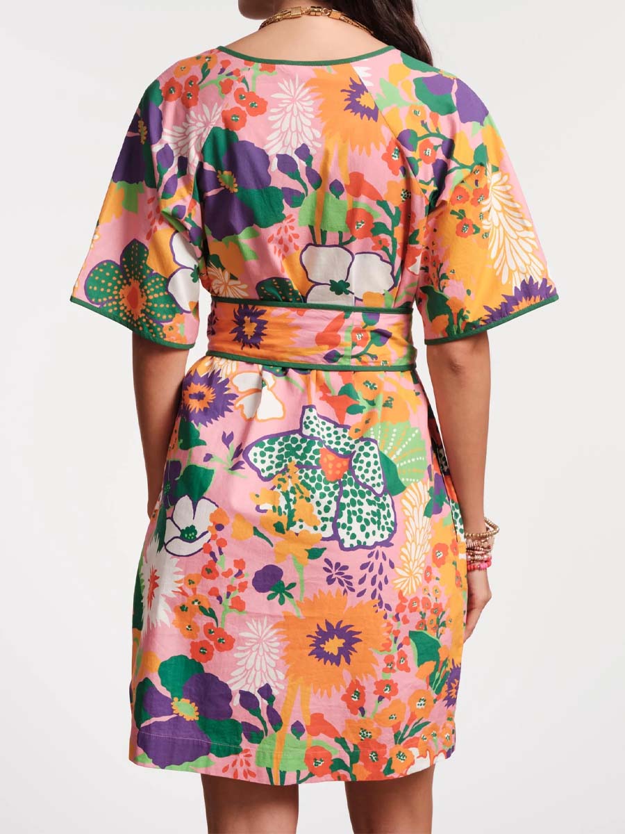 Bell Sleeve Printed Split Neck Dress