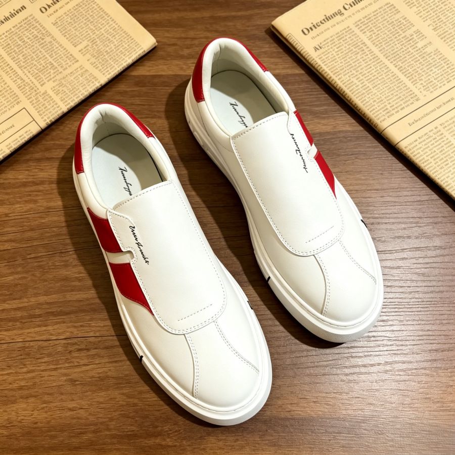 Premium White Leather Slip-On Shoes with Red Detail for Men