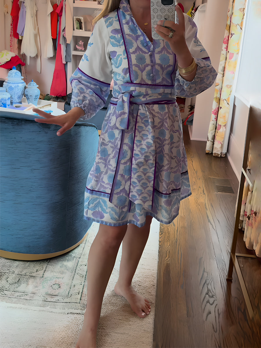 Placement Print Long Sleeve Belted Mini Dress