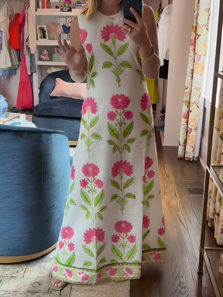 Floral Print Sleeveless Lace-up Maxi Dress