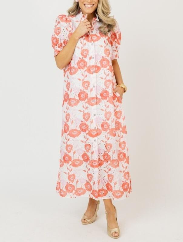 Coral Floral Eyelet Button-Down Midi Dress