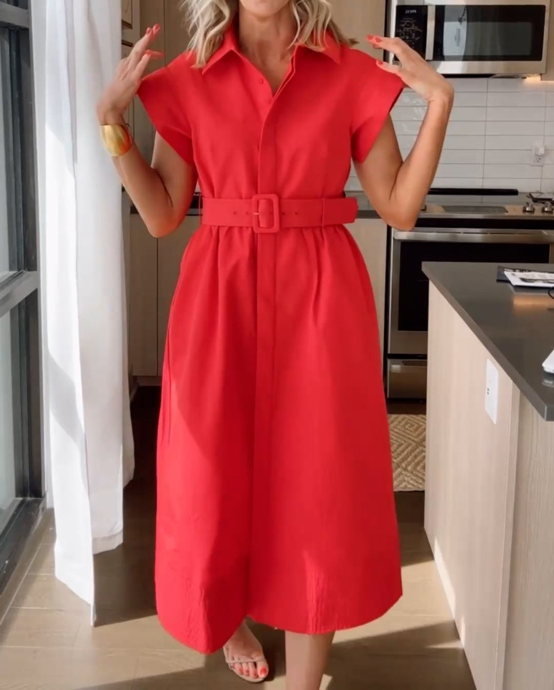 Bright Red Belted Midi Shirt Dress with Cap Sleeves