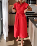 Bright Red Belted Midi Shirt Dress with Cap Sleeves
