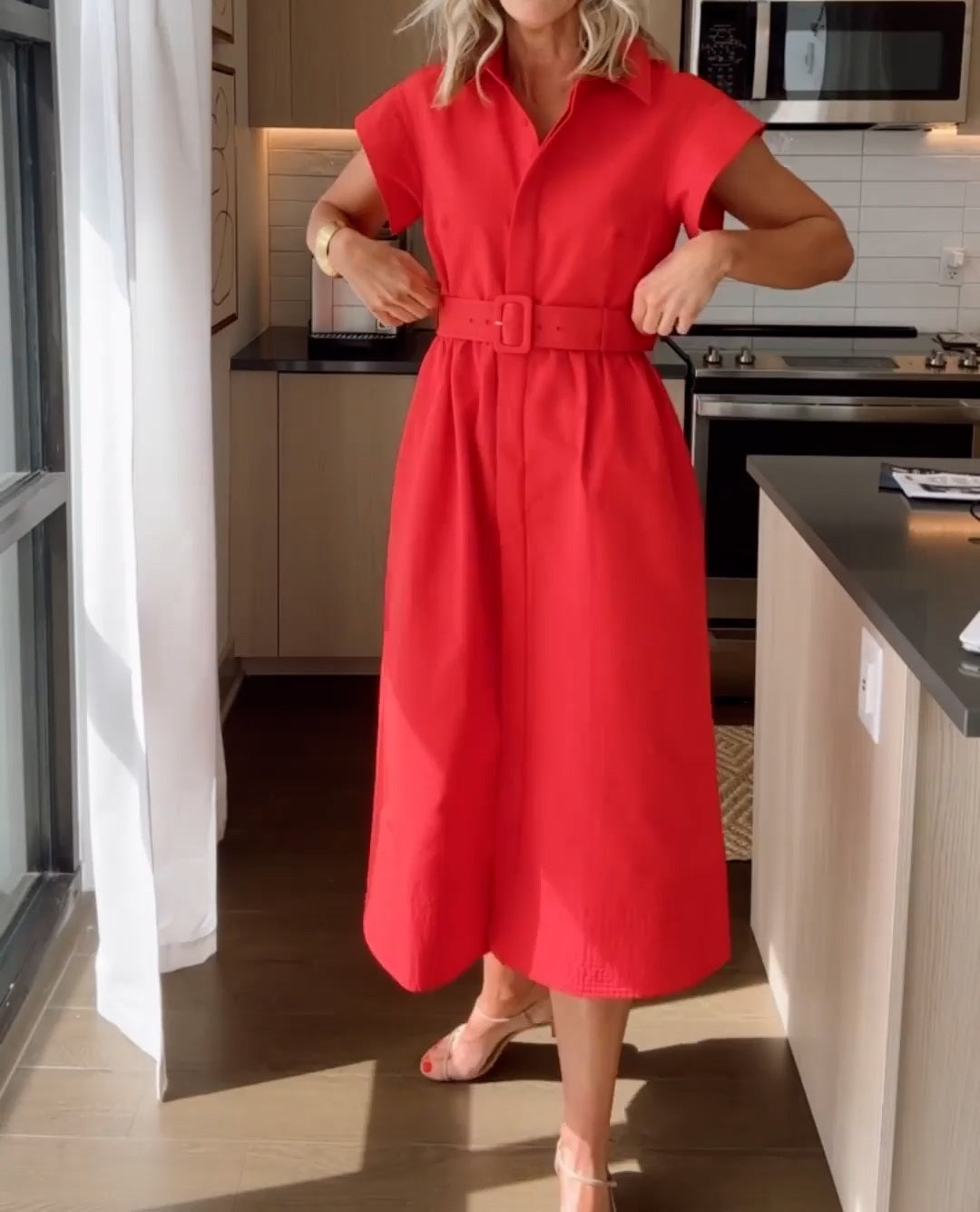 Bright Red Belted Midi Shirt Dress with Cap Sleeves