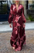 Burgundy Pleated Chiffon Abstract Print Maxi Dress