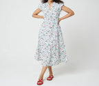 Smocked Waist Floral Midi Dress with Split Neck and Pockets