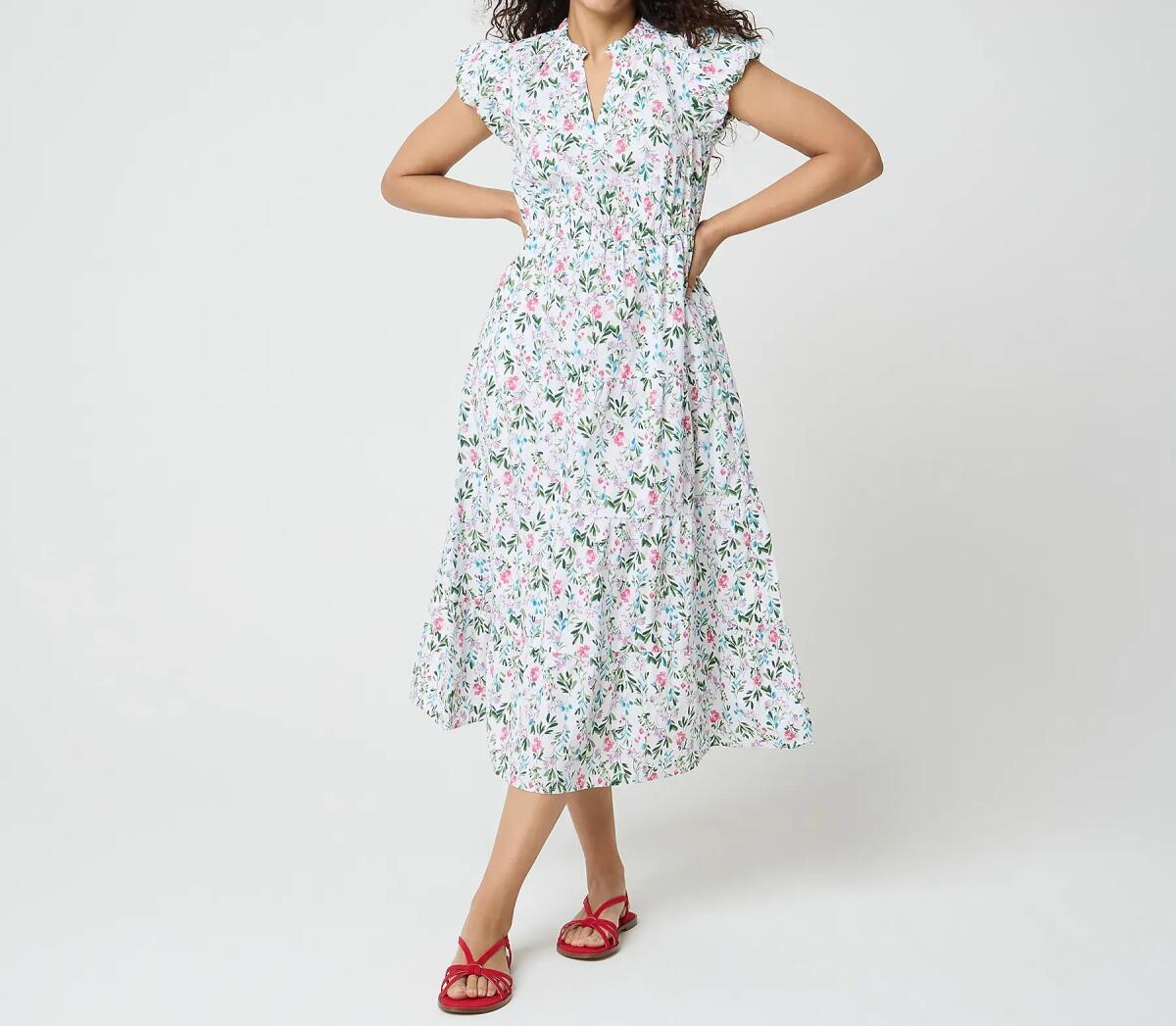 Smocked Waist Floral Midi Dress with Split Neck and Pockets
