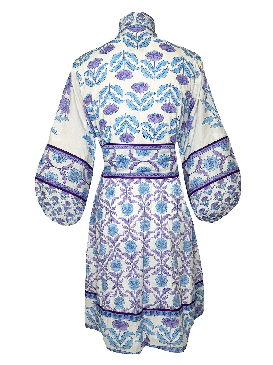 Placement Print Long Sleeve Belted Mini Dress