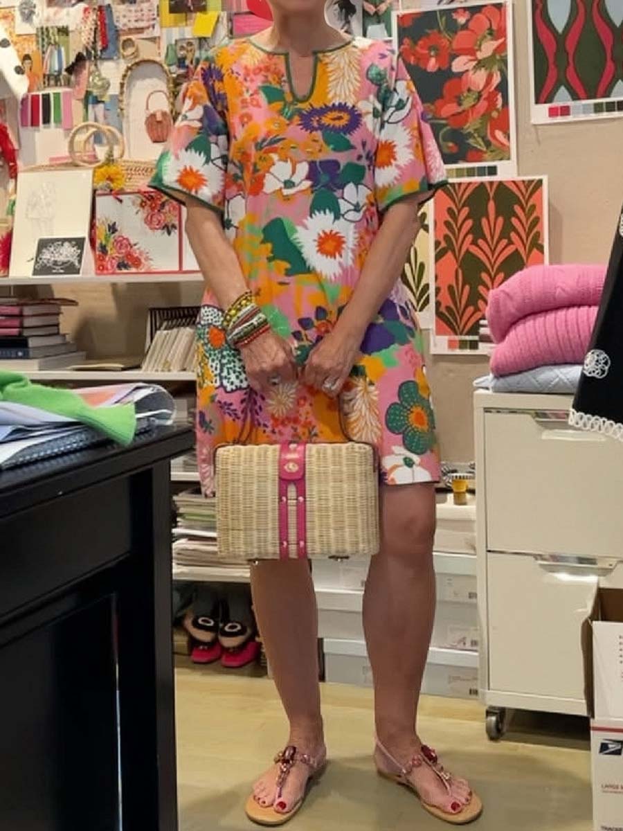 Bell Sleeve Printed Split Neck Dress