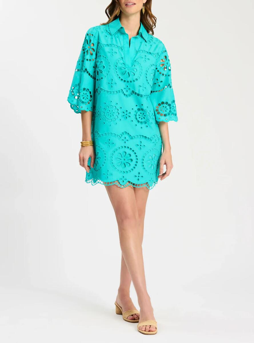 Turquoise Eyelet Embroidered Shirt Dress