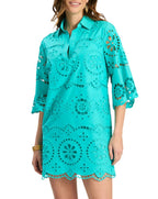 Turquoise Eyelet Embroidered Shirt Dress