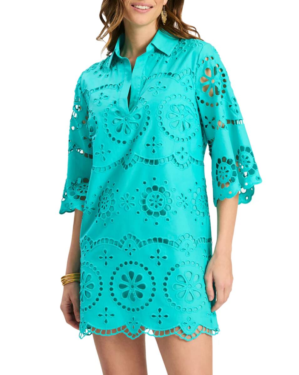 Turquoise Eyelet Embroidered Shirt Dress