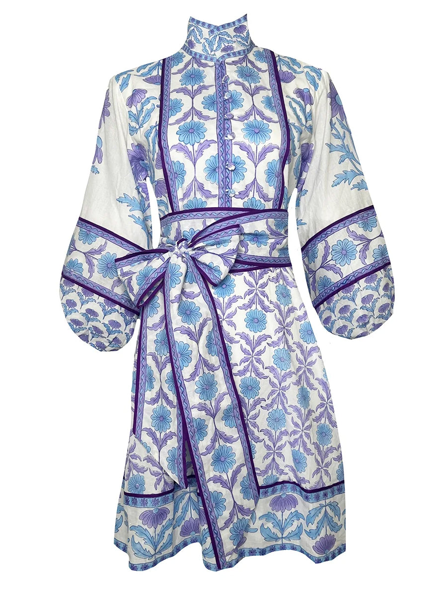 Placement Print Long Sleeve Belted Mini Dress